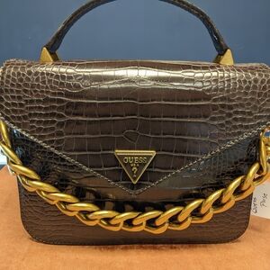GUESS Brown Croc-Embossed Handbag with Gold Chain